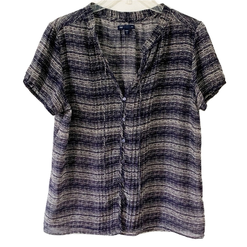 GAP Factory Semi Sheer Short Sleeve Button Front Blouse Pleats Front Tie Closure